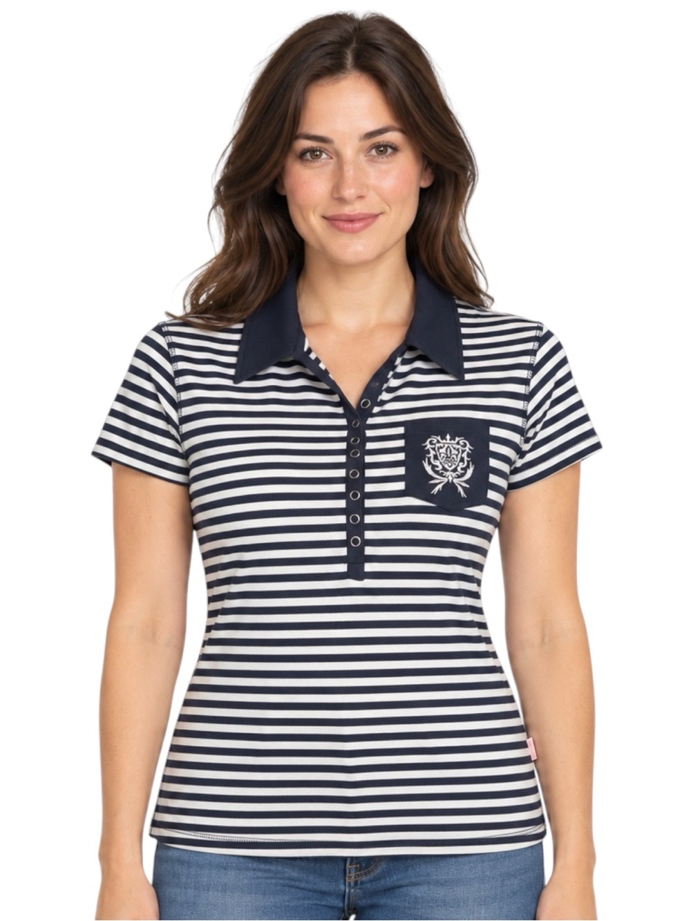 Chances R Women’s Navy White Striped Polo Shirt Crest Pocket Size XL